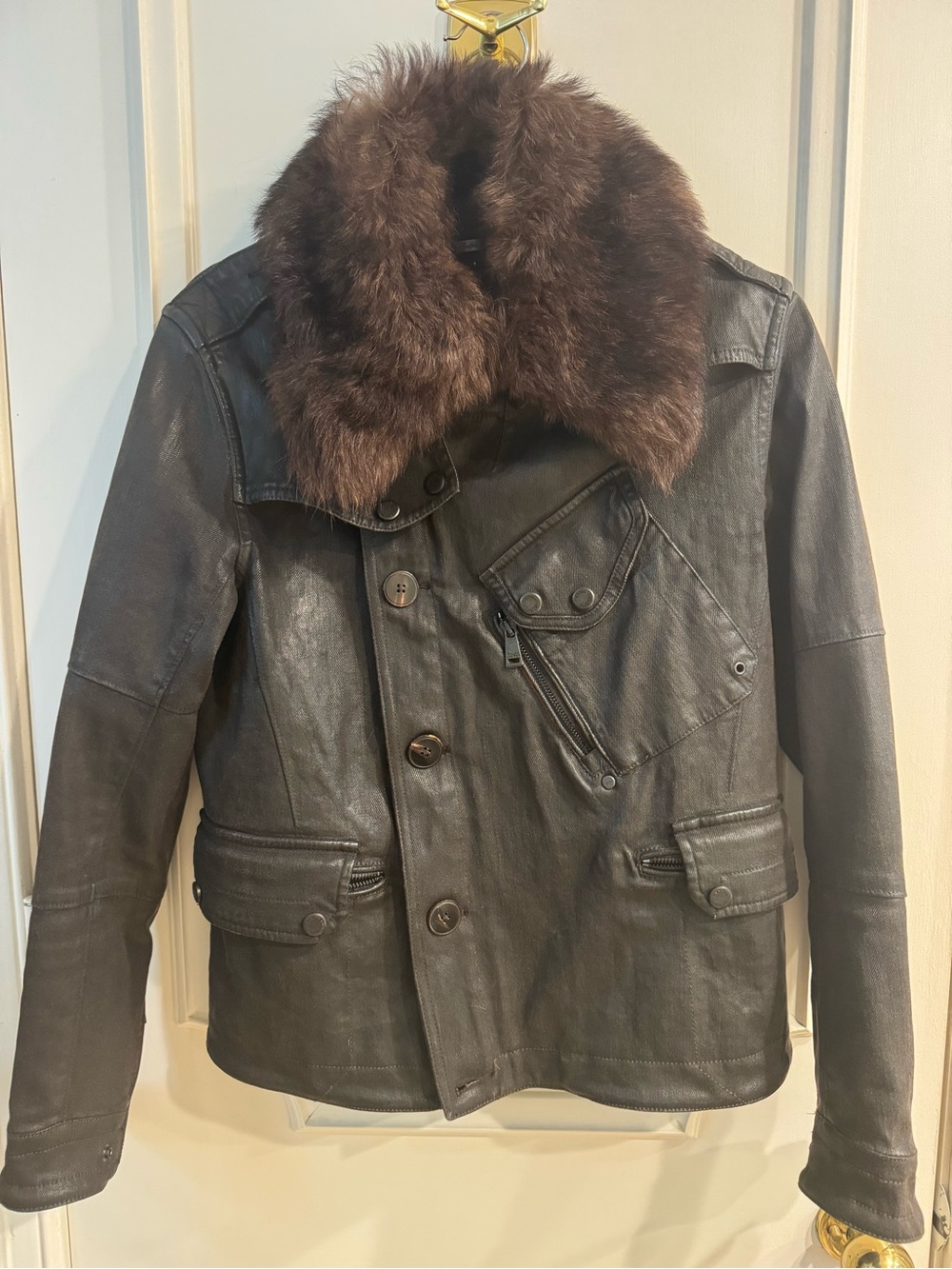 Ralph Lauren Black Label Brown Waxed Canvas Field Jacket with Fur Collar